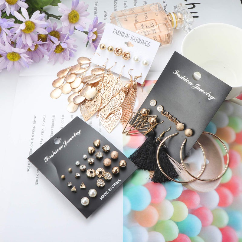 LOYALLOOK 63 Pairs Assorted Multiple Stud Earrings for Women Simple Cute Flower Big Hoop Earrings Moon Geometric Leaf Arrow Bow CZ Ball Heart Faux Pearl Earrings Set (63 pairs a set) - Image 5